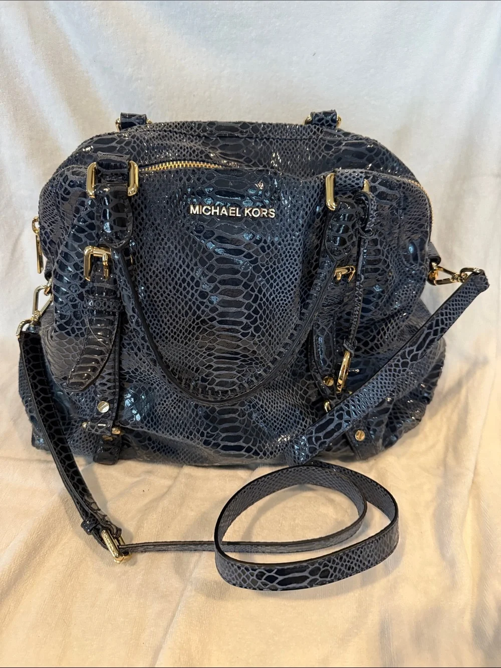 MICHAEL KORS Navy Snake-Embossed Leather Satchel with Gold Hardware